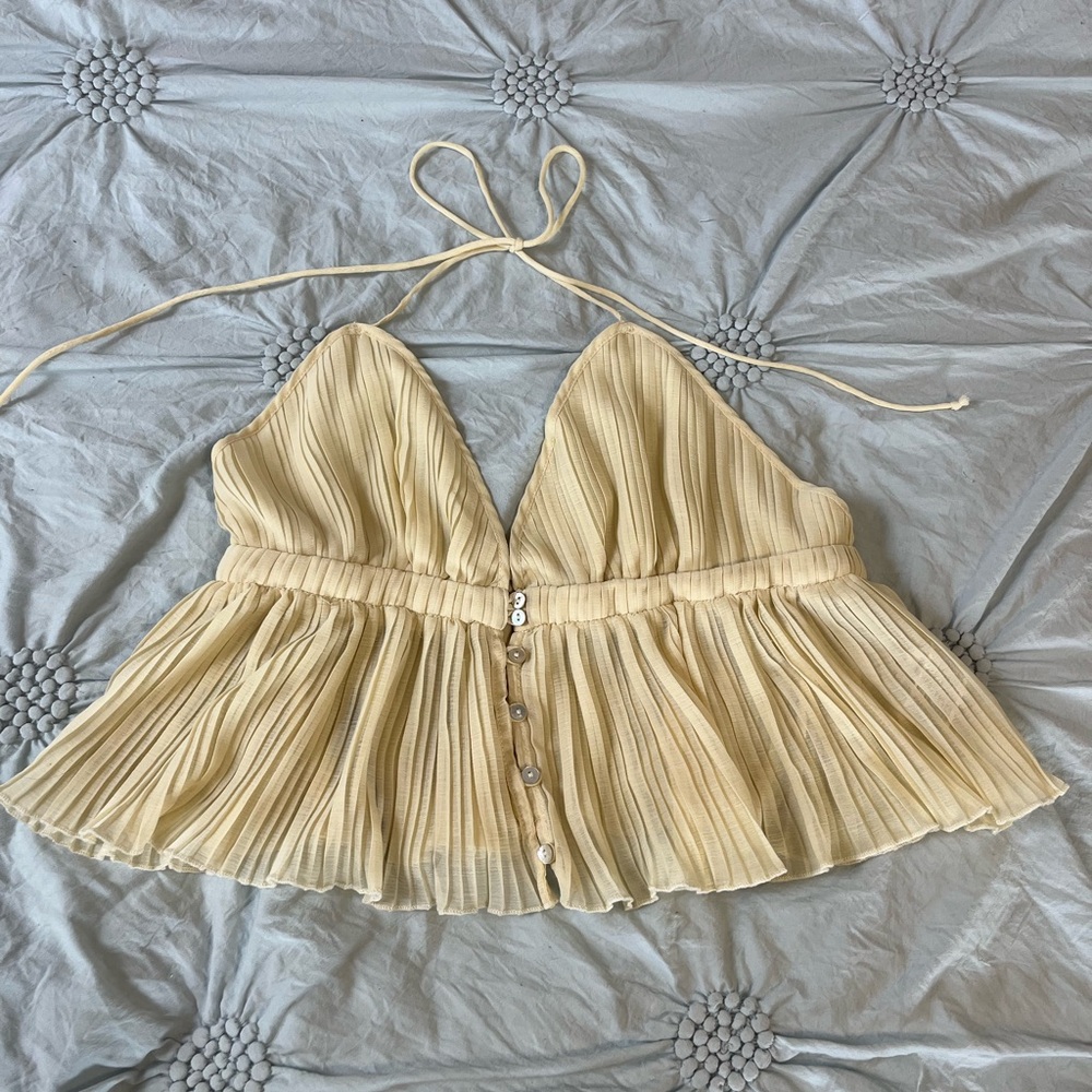 Cream white babydoll tie halter top with button front and open back